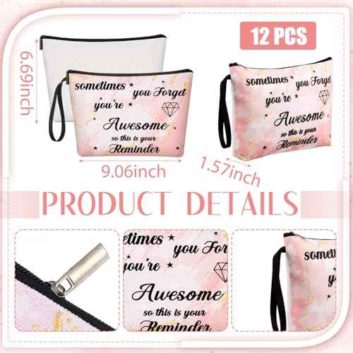 Xuniea 24 Pcs Inspirational Gifts for Women Bulk 12 Motivation Canvas Makeup Bags 12 Round Portable Pocket Mirror for Team Employee Coworker Housekeeping Appreciation Thank You Gifts(Awesome)
