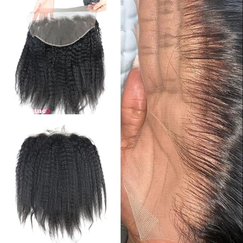 13x6 Kinky Straight Closures Ear To Ear Free Part Brazilian Remy Virgin Human Hair with Baby Hair Invisible Knots Natural Color 14INCH