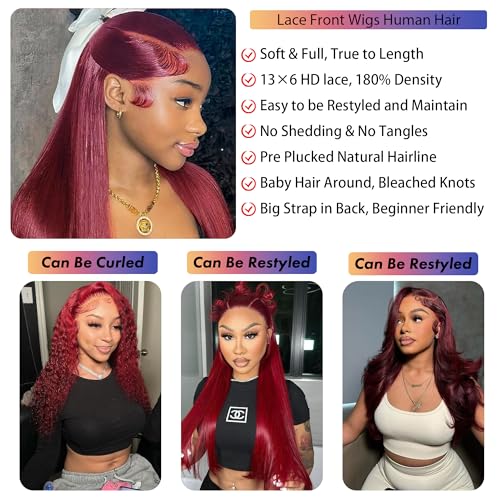 99j Burgundy Straight Wig Human Hair 13x6 Hd Lace Front Human Hair Wigs For Black Women Glueless Lace Front Wigs Pre Plucked 180% Density 22 Inch