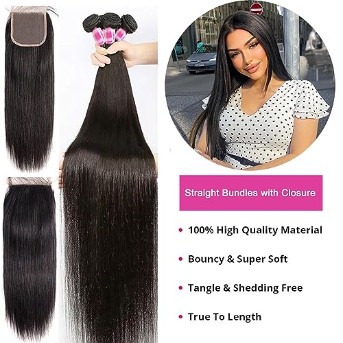 Brazilian Straight Bundles with Closure Human Hair Weave 3 Bundles and 4X4 HD Lace Closure (14 16 18+12 Inch) Unprocessed Virgin Remy Hair Free Part for Women