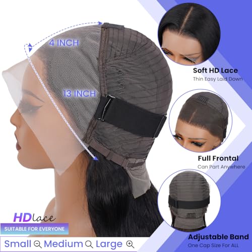 13x4 Body Wave Lace Front Wigs Human Hair For Women HD Transparent Lace Frontal Wigs Human Hair Pre Plucked With Baby Hair 180% Density 9A Glueless Natural Black 22 inch