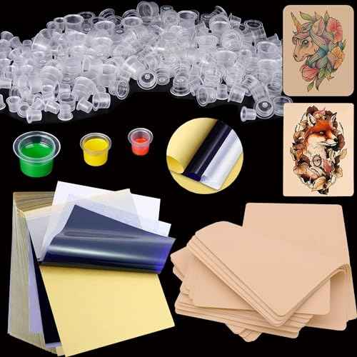 330 Tattoo Practice Skins with Transfer Paper Ink Cups - Mix 300 Pigment Caps 20 Tracing Paper 10 Fake Skin