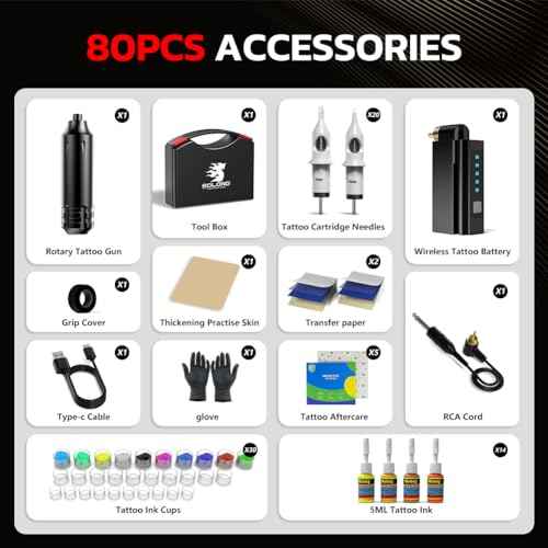Solong Tattoo Kit-Tattoo Pen Kit Rotary Gun Machine Pen RCA with Wireless Battery 20Pcs Cartridge Mixed Needles Power Supply SLP1KIT02D-1-US