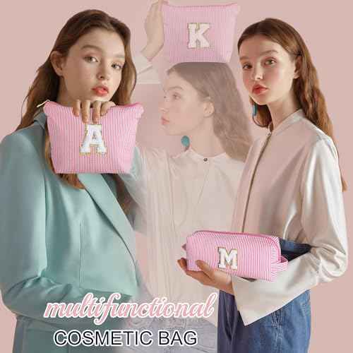 YOOLIFE Personalized Initial Makeup Bag for Women | Pink Cosmetic Travel Toiletry Bag | 11 12 13 14 15 16 Years Old Girl Gifts | Preppy Stuff Teen Girl Gift Trendy Stuff A
