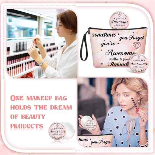 Xuniea 24 Pcs Inspirational Gifts for Women Bulk 12 Motivation Canvas Makeup Bags 12 Round Portable Pocket Mirror for Team Employee Coworker Housekeeping Appreciation Thank You Gifts(Awesome)