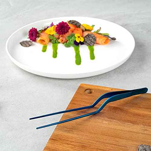 Restaurantware Perfect Point 7.9 Inch Food Tweezers 1 Offset Kitchen Tweezers - Serrated Tips For Precision For Garnishing Plating Or Decorating Blue Stainless Steel Offset Tweezers Durable