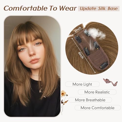 Rich Choices Hair Toppers for Women Real Human Hair 360¡Æ3D Clip in Bangs 100% Remy Human Toppers with Bang for Thinning 150% Density Upgrade Extended 2"*6"Lace Base 10 Inch #04 Mocha Brown
