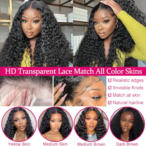 SOSATISFY Deep Wave Lace Front Wigs Human Hair 4x4 HD Transparent Lace Closure Wigs Glueless 180% Density Human Hair Wigs for Black Women Pre Plucked with Baby Natural Hairline (20 inch)