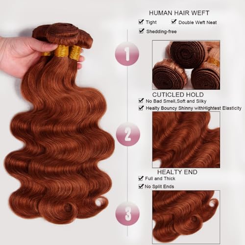 #33 Reddish Brown Bundles Human Hair Body Wave Bundles 26 28 30 Inch Unprocessed Brazilian Virgin Hair Copper Red Body Wave 3 Bundle Human Hair Extensions 50 Gram Per Bundle