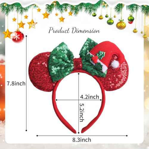 Christmas Bow Headbands Red Mouse Ear Hairbands Green Glitter Bow Hair Hoop Red Christmas Hat Headband Design Red Green Glitter Bow Headband Headband for Christmas New Year Party Hair Accessories