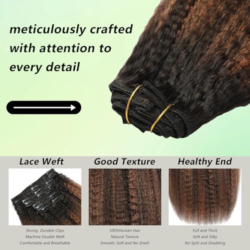 Yaki Straight Clip in Hair Extensions 24 Inch Real Remy Human Hair Rooted Black Fading to Natural Black #1B Mixed With Light Auburn #30 Yaki Clip ins Yaki Straight Hair for Black Women 8Pcs 120G