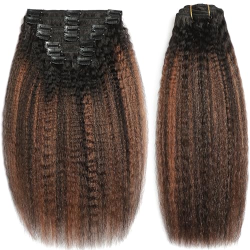 Yaki Straight Clip in Hair Extensions 24 Inch Real Remy Human Hair Rooted Black Fading to Natural Black #1B Mixed With Light Auburn #30 Yaki Clip ins Yaki Straight Hair for Black Women 8Pcs 120G