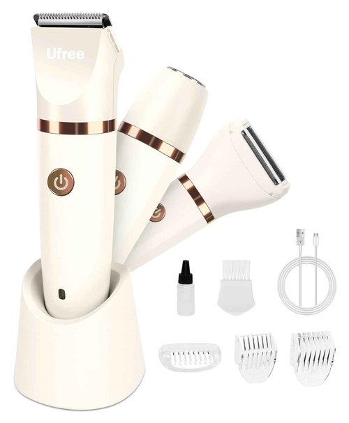 Ufree Bikini Trimmer Electric Razors for Women, Rechargeable Pubic Hair Trimmer Electric Shaver for Legs Body Hair, Bikini Shaver IPX7 Waterproof, White
