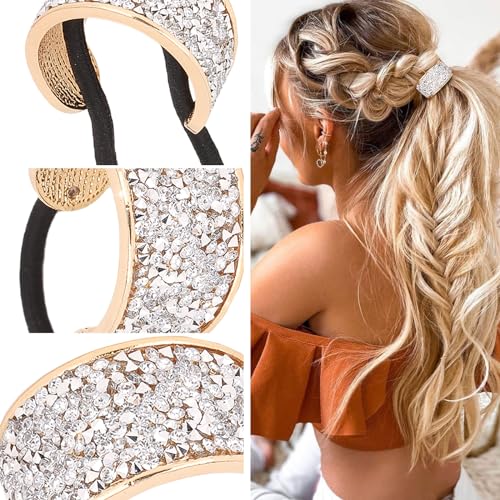 YISSION Hair Ties, 4Pcs Sparkly Rhinestone Scrunchies & Ponytail Holders, Premium Quality Hair Elastics with Crystal, Fancy Hair Accessories for Women Girls, Silver