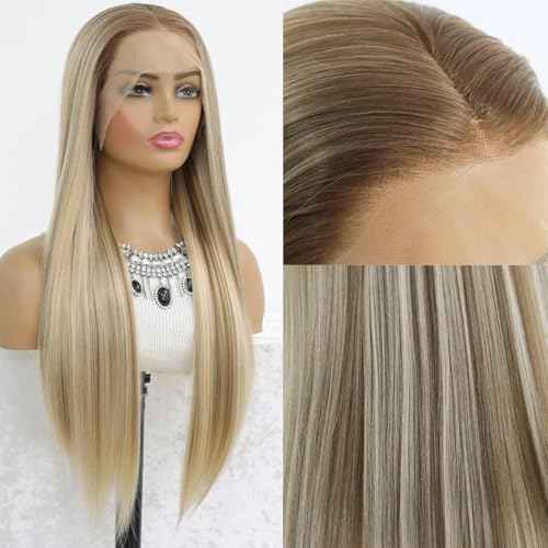Highlight Light Blonde 13x6 Lace Front Wig Pre Plucked Glueless Long Straight Ombre Mixed Brown Blonde HD 13x6 Frontal Wig Free Deep Part Synthetic Lace Front Wigs for Women