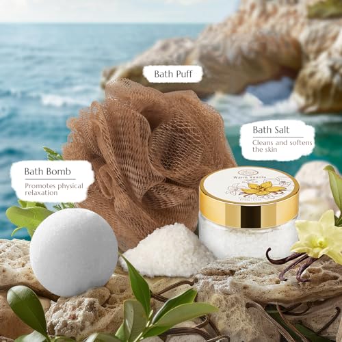 Bath and Body Warm Vanilla Sugar Spa Gifts for Women, with Shower Gel, Bubble Bath, Body Lotion, Bath Bomb, Bath Salt, Spa Basket Gift Set for Women, 7pcs Set Gifts