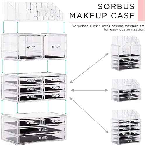 Sorbus Large Makeup Organizer - Clear Stackable Jewelry Makeup Organizer for Vanity, Bathroom Storage Display Case - 12 Drawers Cosmetic Beauty Organizers and Storage with Lipstick Makeup Brush Holder