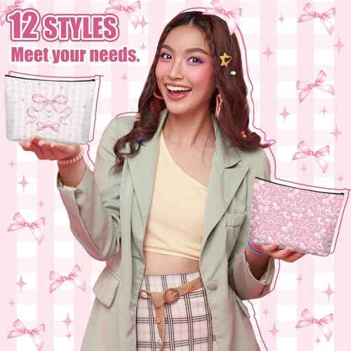 Reginary 12 Pcs Pink Bow Makeup Bags Coquette Bow Cosmetic Bags with Zippers Coquette Party Favors Pink Aesthetic Elegant Pouch Bulk Gifts for Women Stuff Christmas Birthday Supplies Travel Accessory