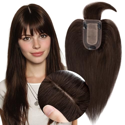 MY-LADY Human Hair Toppers for Women Real Human Hair with Bangs Thin 7 * 13CM Silk Base with Lace Clip in Straight Remy Hairpieces 150% Density 10 Inch Dark Brown