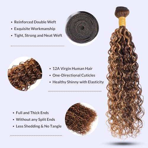 Highlight Bundles Human Hair Water Wave 22 Inch, Honey Blonde Soft & Shed-free P4/27 Ombre Color Curly Brown and Blonde Highlight Weave Bundles Wet and Wavy Single Bundle