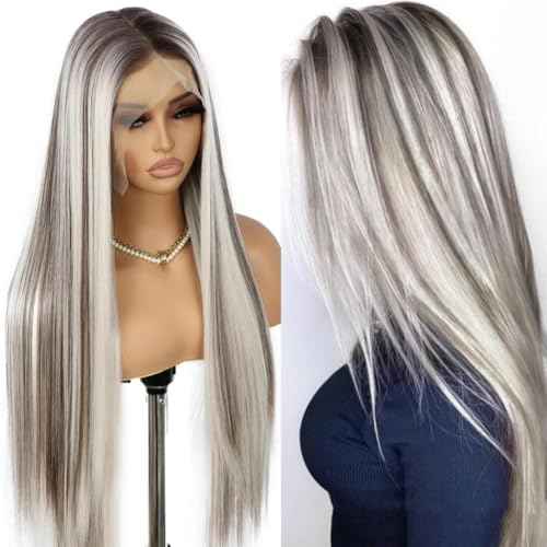 SAPPHIREWIGS Straight Synthetic Lace Front Wigs for Women Ombre Platinum Blonde Wigs with Brown Highlight Glueless 13¡¿6 Long Silky Straight Wig Pre-plucked Hairline Daily Use 26 Inches