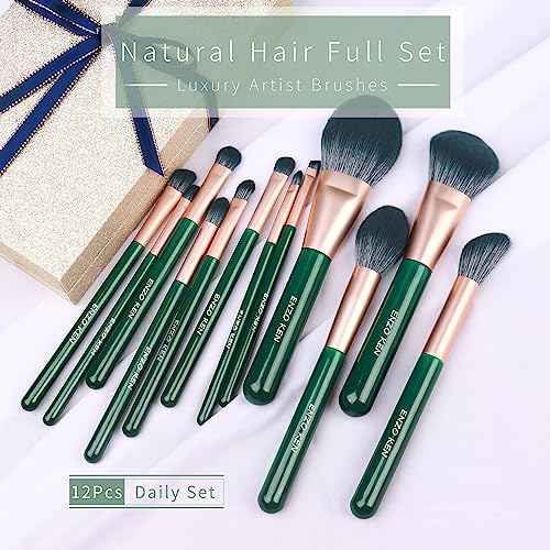 Natural Fiber & Goat Hair Makeup Brush Set Professional, Combined Hair Makeup Brushes Set with Case by Luxury ENZO KEN, Emerald Green Cosmetic Brushes Makeup Set, Natural Bristle Makeup Brushes.