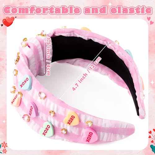 PANTIDE Conversation Heart Jeweled Knotted Headband - XOXO Love Candy Rhinestone Embellished Headband Wide Top Knot Fashion Hair Accessories Mother's Day Birthday Gift for Women Lover (Pink Plaid)