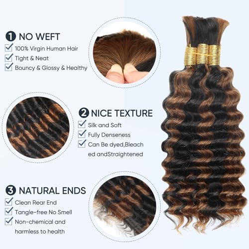 Human Braiding Hair for Boho Braids,150g 18 Inch 3 Bundles Ombre Deep Water Wave Bulk Boho Curly Human Hair Bundle for Braiding,1b/30 Highlight No Weft Wet and Wavy Knotless Braiding Hair Extensions