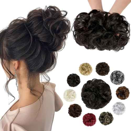 Messy Bun Hair Piece Wavy Curly Scrunchies Fluffy Donut Thick Updo Elegant Chignon Hairpieces for Women Girls, Dark Brown 1.4oz
