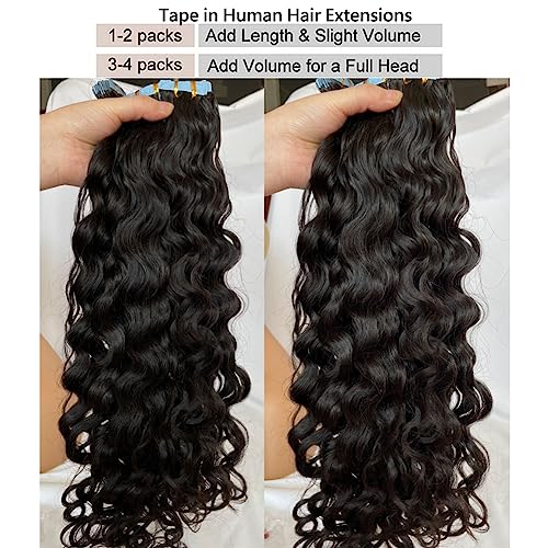 Tape in Hair Extensions Natural Wavy Real Human Hair 20inch Nautural Black Water Wave Brazilian Remy Human Hair Natural Color Tape on Human Hair Extensions 40pcs 100g #1B