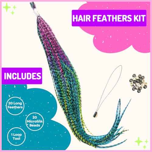 Hair Feathers in Rainbow Tie Dye Bright Colors, 20 Long Feathers with beads and loop tool DIY kit, Grizzly Rooster Feather Hair Extensions