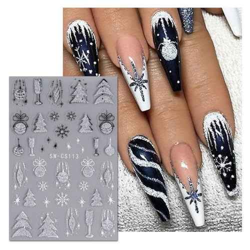 8 Sheets Christmas Nail Art Stickers Glitter Nail Decals 3D Self Adhesive Snowflakes Bells XmasTree Geometric Lines Adhesive Swirl Wave Winter Nail Design French Nail Stickers for Women Nail Design