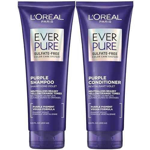 L¡¯Oreal Paris EverPure Sulfate Free Brass Toning Purple Shampoo and Conditioner Set for Blonde, Bleached, Silver, or Brown Highlighted Hair, 1 Kit