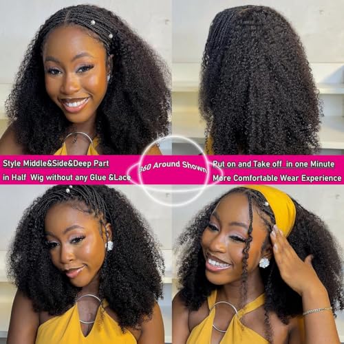 Kinky Curly Half Wig Human Hair 200% Density 3 In 1 Seamless Flip Over Half Wigs Human Hair Glueless Wear and Go Beginner Friendly Kinky Curly Wig Human Hair Drawstring Headband Wig for Women 18 Inch