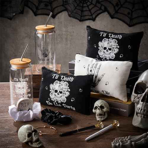 Hushee 30 Pcs Bride or Die Bachelorette Party Supplies Till Death Bridesmaids Gifts 16 oz Glass Cup Makeup Bag Scrunchy Knotted Bracelet Diamond Pen for Gothic Halloween Bridal Shower Wedding Supplies