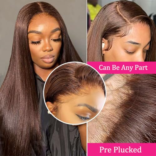Chocolate Brown Lace Front Wigs Human Hair Pre Plucked Brazilian Unprocessed Straight 13x4 HD Lace Frontal Wig with Baby Hair Colored Wigs for Women(Chocolate Brown, 24 Inch)