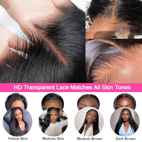 Straight Lace Front Wigs Human Hair Pre Plucked 13x6 Glueless HD Lace Frontal Wig with Baby Hair - Natural Black Color, 22 Inch