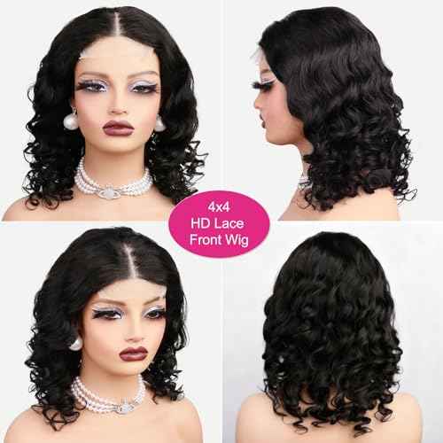 Loose Deep Wave Lace Front Wigs 100% Human Hair Pre Plucked Pre Cut Body Wave 4x4 Transparent Lace Closure Wigs Wear and Go Glueless Wig for Black Women Body Wavy Curly Wig Natural Color 16 Inch