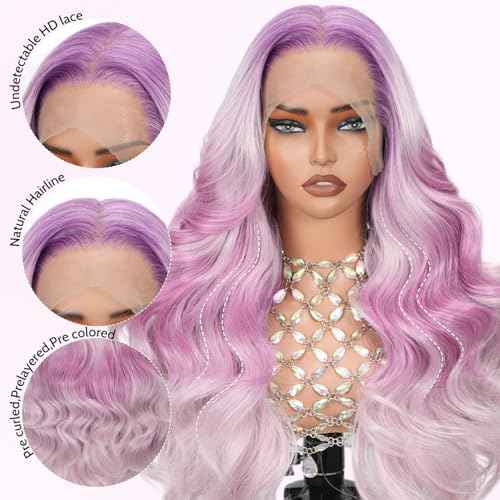 Pink and Purple Ombre Lace Front Wig, 13x6 Glueless Body Wave Human Hair Wig with HD Transparent Lace, Pre Plucked & Baby Hair