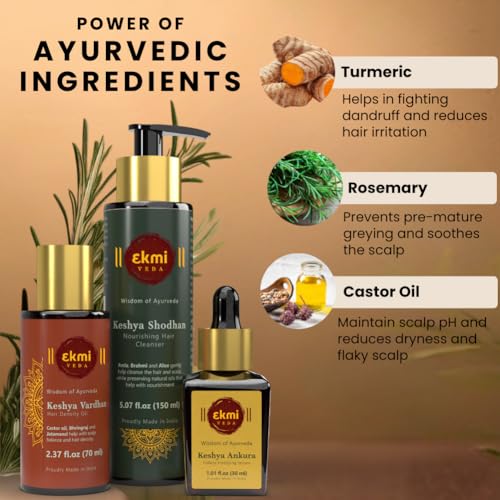 Hair Growth Set With Ayurvedic Herbs- Amla, Bhringraj, Castor, Rosemary For Hair Growth. Sulfate Free Hair Thickening Product,3 Pcs - Oil, Shampoo & Serum, 8.45 Fl Oz