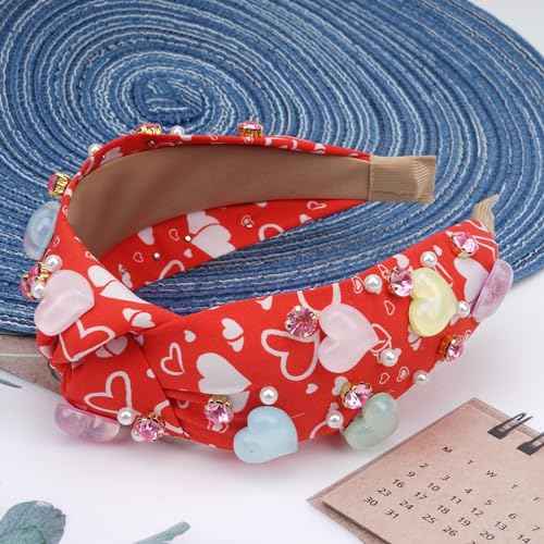 Valentine¡¯s Day Headbands for Women Pearl Rhinestone Hairband Knotted Heart Crystal Bejeweled Head Band Non Slip Wide Top Knot Headband Holiday Jeweled Hair Accessories Valentines Gifts (Red-Love)