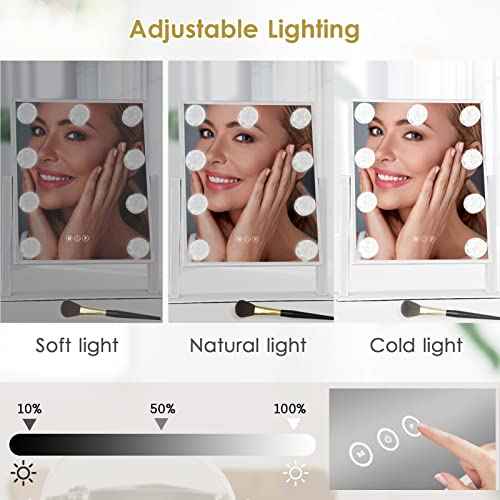 Vanity Mirror with Lights, Hollywood Lighted Makeup Mirror with 3 Color Modes and 9 Dimmable Diamond LED Light Bulbs, Detachable 10X Magnification, 360¡Æ Rotation, Touch Control, White