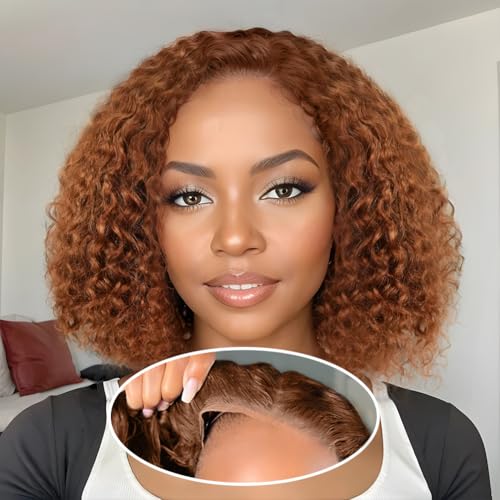 HD Glueless Wigs Human Hair Pre Plucked Pre Cut Bob 4x4, 12 Inch #30 Light Brown 210% Density Hairline Curly Bob Wig Human Hair, Wear and Go Deep Wave Lace Front Wigs Human Hair for Black Women