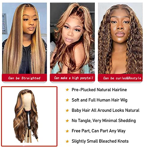 Highlight Ombre 13x4 Body Wave HD Lace Front Wig Human Hair Pre Plucked Transparent 4/27 Honey Blonde lace frontal Wigs with Baby Hair 150% Density Colored 22 Inch