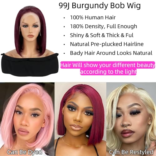 99j Bob Wig Human Hair 14 inch Lace Front Wigs Human Hair 180 Density 13x4 HD Straight Red Bob Wig Human Hair Pre Plucked with Baby Hair Glueless Burgundy Lace Frontal Wigs for Women