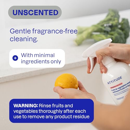 ATTITUDE Fruit & Vegetable Wash Refill, Food-Safe Produce Wash, Removes Dirt & Residue, Vegan & Plant-Based Ingredients, Unscented, 67.6 Fl Oz (Pack of 4)