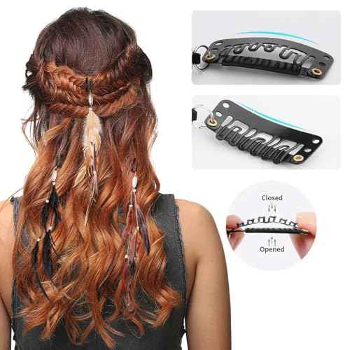 6PCS Hair Feathers Clip In, 14 Inch Hair Feathers Extensions with Braided Beads for Women Cosplay Costume Summer Extensions