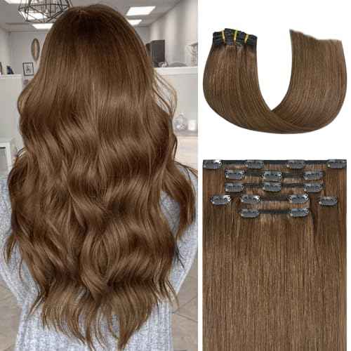 Honsoo Chestnut Brown Remy Clip In Hair Extensions Real Human Hair 18inch 70g 7pcs Sliky & Soft Clip ins