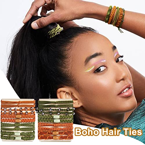 Hair Ties Bracelets, 20 Pcs Boho Hair Ties for Women, Crystal Bracelet Hair Ties (Green+Brown), 5 Styles, Cute Hair Tie for Thick Hair/Pony Tails, No Damage for Girls