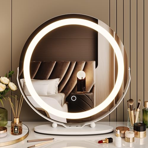 GAOMON Vanity Mirror with Led Lights, 19 Inches Touch Control 3 Color 2024 New Dimmable Makeup Mirror, 360¡ÆRotation Round Desk Mirror, Easy to Assemble (White)